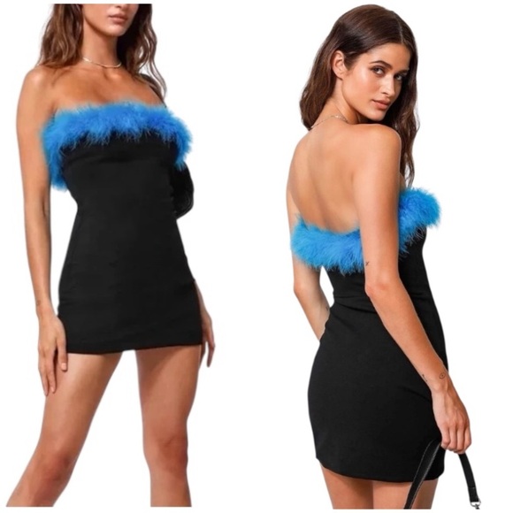 Tiger Mist Women's Black Strapless Mini Dress with Blue Feather Trim Size Small - Picture 1 of 7